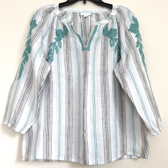 J. Jill 100% linen embroidered floral V-neck Long Sleeve Striped Blouse - Picture 2 of 16